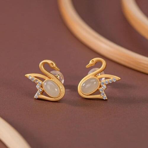 Designer original new natural Hetian jade swan earrings fashion personality simple and exquisite ladies silver jewelry