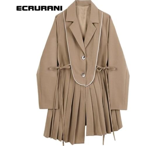ECRURANI Patchwork Pleated Elegant Dress For Women Lapel Long Sleeve Asymmetrical Hem Lace Up Casual Female 2021 Fashion Dresses