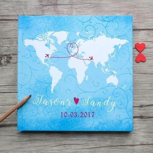 Custom World State Map Wedding Guest Book Alternative,Personalized Long Distance Friendship Blue Photo Album,Wedding Gift