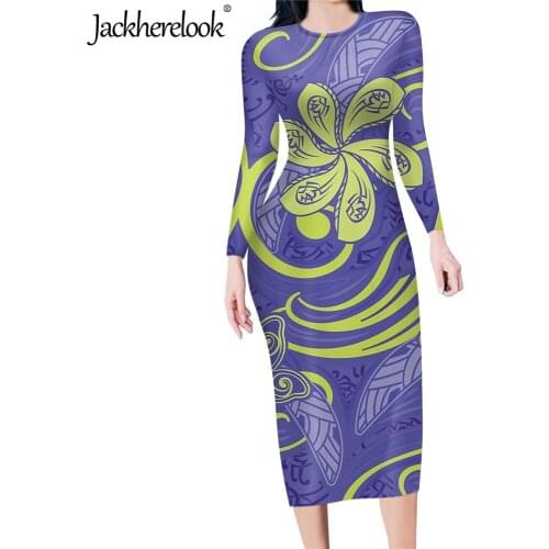 Jackherelook Purple Hawaii Polynesian Hibiscus Print Long Sleeved Bodycon Slim Sexy Pencil Dress For Women Soft Party Vestidos