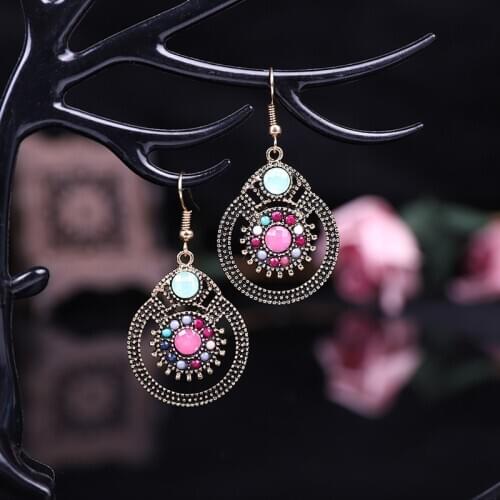 Classic Ethnic Womens Round Indian Small Earrings Hangers Tibetan Jewelry Gypsy Vintage Tribe Corful Stone Boho Earrings