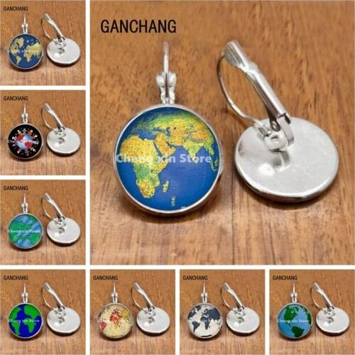 Multi-world earth map round earrings, glass convex round earrings jewelry