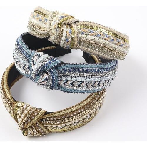 New 2021 Fashion Girls Headband Handmade Shining Pearls Rhinestone Ornament Hairband Women Middle Knot Turban Hair Accessories