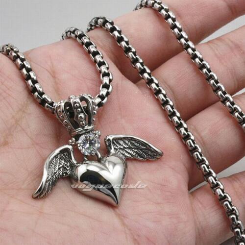 Angel Wing Crown Heart Pendant 316L Stainless Steel White CZ Fashion Charms Pendant 6K008 Steel Necklace 24inch