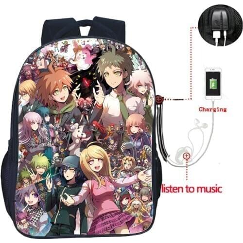 Anime Danganronpa USB Charge Backpack USB Charging Back to School Gift Shoulder Rucksack Laptop Mochila for Boys Girls Teens