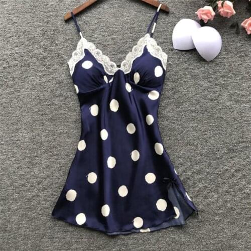 Dot Sexy Nightdress Silk V-neck Lace Sleepwear Lingerie Babydoll Nightgown Sleeveless Women Sleep dress With Padded Bra 958