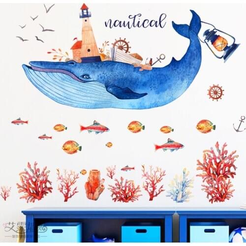 DIY Removable Wall Sticker Blue Whale Living Room Bedroom Seabed Mediterranean Ocean Fantasy Wall Decoration Painting Stickers