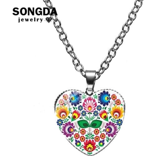 SONGDA New Design Polish Folk Art Pattern Heart Pendant Necklace Alloy Link Chain Handmade Glass Necklace Women Bohemia Jewelry