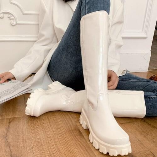 Female Slope Heel Knee High Boots Spring Autumn Slip On Loose Womens Shoes Fashion Winter Patent Leather Platform Knight Boots