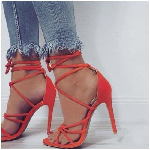 Hot Selling Red Pink Suede Cross Strappy Women Sandals Cut-out Peep Toe Lace-up Gladiator Sandals Shoes Customized Big Size 10