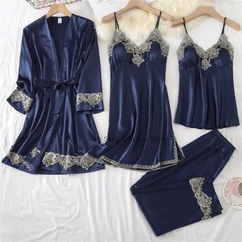 Women Satin Silk Pajamas Set Sleepwear 4PCS Robe Suit Sexy Kimono Gown PJS 2021 New Loungewear Intimate Lingerie With Lace
