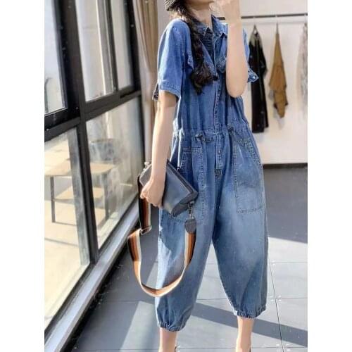 2021 Spring Vintage Denim Jumpsuits Women Spliced Pockets Single Breasted Turn-Down Collar Bleached Loose Retro Cowboy Clothing