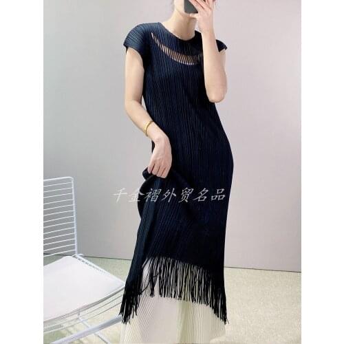 CHANGPLEAT 2021 summer womens hollow tassel dress Miyak fold Fashion slim plus size slim Round neck solid color fishtail dress