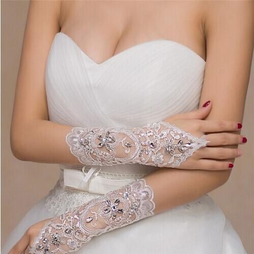 1 Pair Bridal Gloves Elegant Short Paragraph Rhinestone White Lace Glove Beautiful Wedding Accessories White/Red/Beige 2 Styles