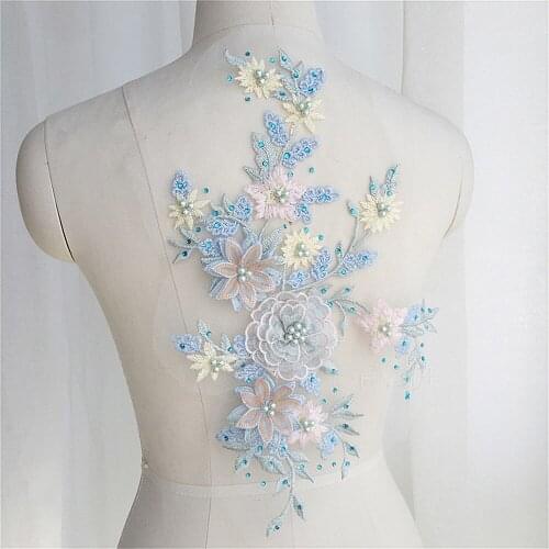 2pcs / Lot 3D Beading Embroidered Lace Patches For Clothing Accessories Lace Applique Dress DIY