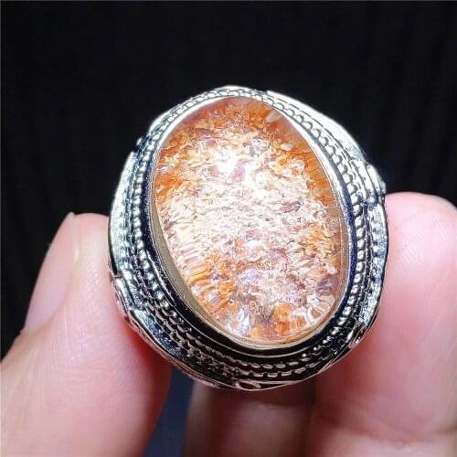 21x16mm Natural Orange Red Phantom Quartz Adjustable Ring Garden 925 Sterling Silver Oval Bead Ring AAAAAA