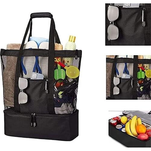 BalleenShiny Portable Picnic Insulation Fresh-keeping Beach Bag Mesh Refrigerator Compartment Outdoor Camping Tote Bag