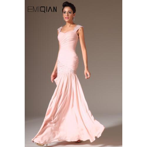 Free Shipping Charming Mermaid Cap Sleeve Pink Chiffon Evening Dresses with Applique