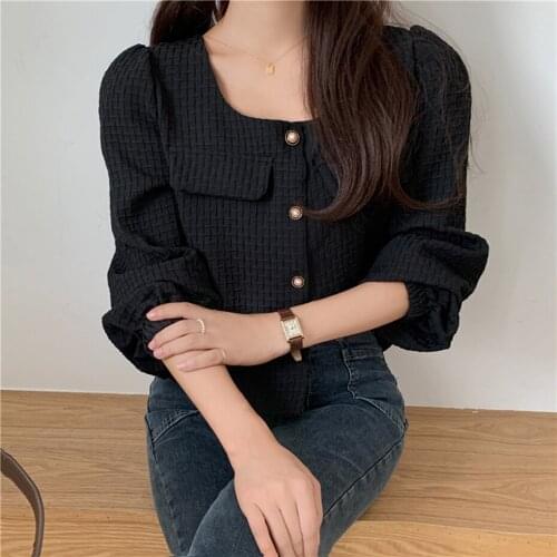 S-XL Black Blouse Women Autumn Winter Puff Sleeve Single-breasted Button Female Plus Size Short Shirts Chic Elegant Blusa Mujer