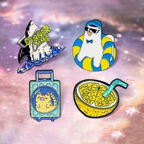 Cartoon Shark Cat Polar bear Enamel Pins Lemon Dinner Time Swimming Holiday Brooches Badge Lapel Jewelry Gift for Kid Friend