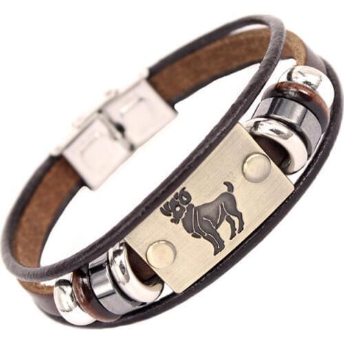 Miss JQ 12 Constellations Stainless steel Bracelet for Men Punk Vintage Genuine Leather Couple Bracelets & Bangle Charm Jewelry