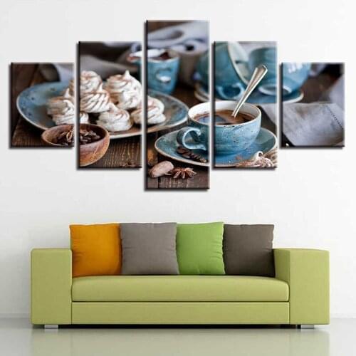 Modular 5Pcs Mural Home Decoration HD Canvas Print Coffee Afternoon Tea Dessert Picture Poster Kitchen Cafe Dining Room Wall Art