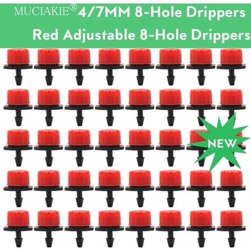 MUCIAKIE 30-1000PCS 4/7mm Red Adjustable 8-Hole Drippers Garden Micro Emitter Mini Irrigation Nozzles Adjustable Sprayer Nozzle