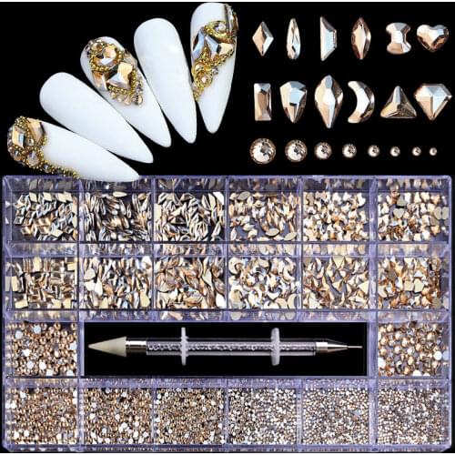 3100Pcs Champagne Nail Art Rhinestones Set 21 Grids Various Ornaments Dotting pen Manicure Decoration Accessories Irregular Gem