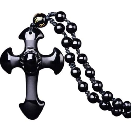 Obsidian Carved Cross Lucky Pendant Bead Necklace Men and Women Hand Carved Pendant Faith Christian Jewelry Accessories