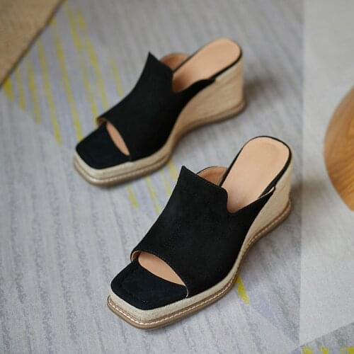 Casual Platform Shoes for Women Fashion Sheepskin Suede Peep Toe String Bead Summer Sandals Wedges Handmade Slippers High Heel