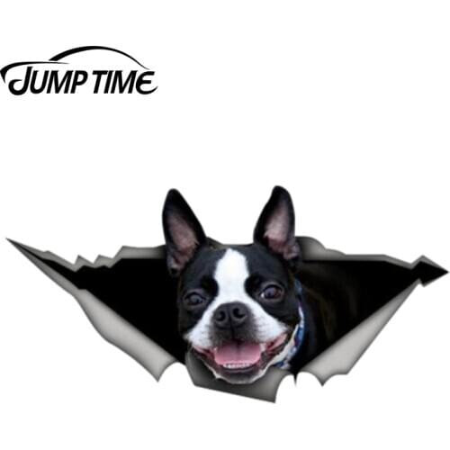 Jump Time 13cm x 6.4cm Boston Terrier Sticker Torn Metal Bumper Decal Funny Car Stickers Window Trunk Animal 3D Car Styling