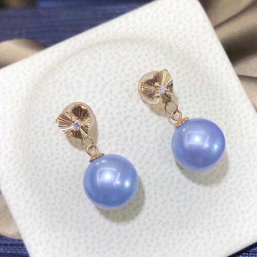 Solid 18K Gold Round 9mm Fresh Water Rose Blue Pearl Drop Dangle Earrings for Women Fine Birthday Presents