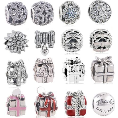 Christmas gift fine jewelry Openwork bow snowflake charms 925 sterling silver jewelry beads fit bracelet necklace DIY making