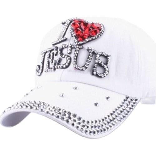 WJ7621 Women denim cloth Artificial stones bling bling red i love heart Jesus Cotton Baseball Caps