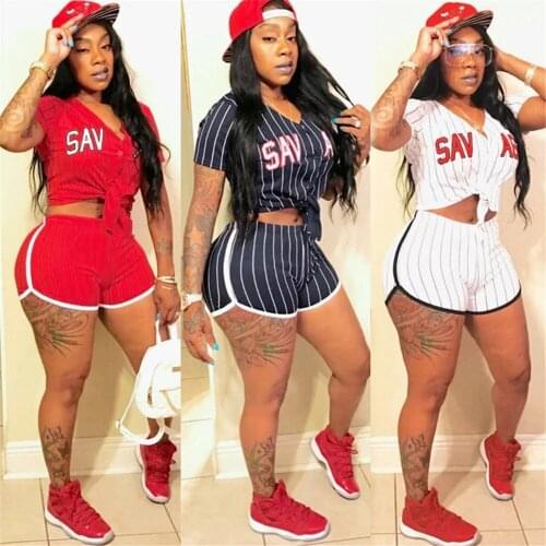 Sexy Two Piece Set Letter Print Striped Button Sports Baseball Biker Shorts Matching Suit Women Summer