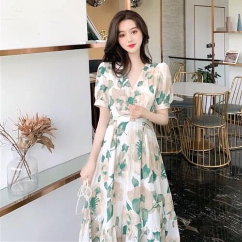Womens Summer New Style Hepburn Style Can Be Salt Can Be Sweet Long Skirt Sen Series Sweet Floral Chiffon Dress