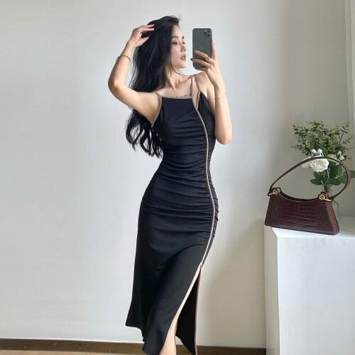 Temperament Women Strap Mini Dress Ruched Splice Backless Bodycon Sexy Party Elegant Fashion Slim black Dresses summer 2021