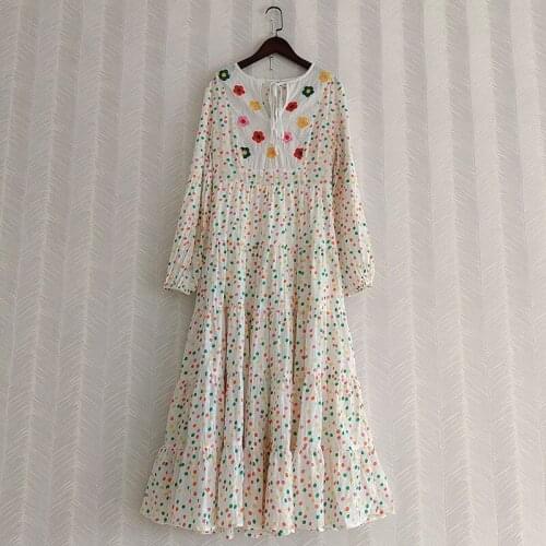 France Style Womens High quality floral embroidery Polk dot long sleeves Dress A155