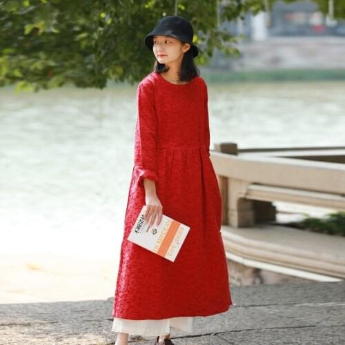 Women Autumn Winter Cotton Linen Dress Ladies Casual Jacquard Retro Solid Color Dresses Female Loose Dress 2018