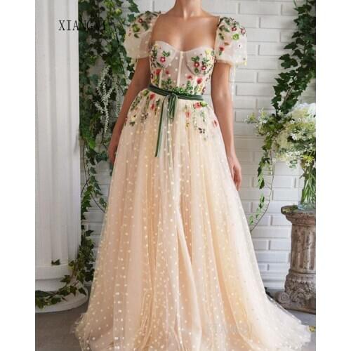 2020 New Long Evening Dress Square Neck Short Sleeves 3D Flower Evening Dresses Floor Length Formal Gowns robe de soiree