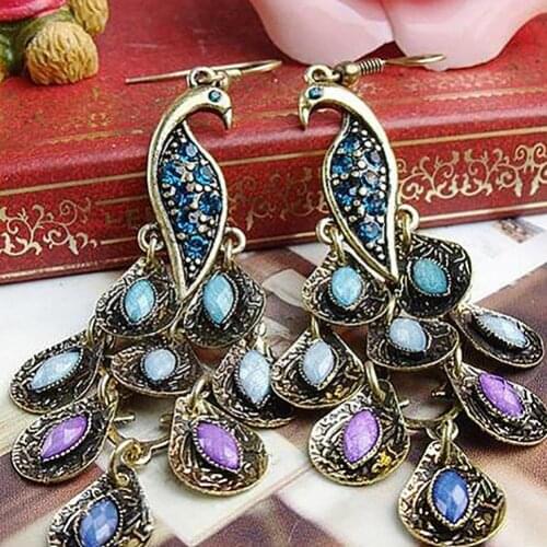 1 Pair Fashion Women Vintage Bohemian Style Peacock Drop Hook Earrings Body Piercing Dangle Ear Studs Jewelry