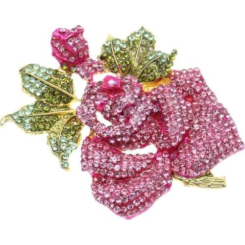 10pcs/lot Elegant Ladies Pink Rhinestone Rose Brooch Jewelry For Valentines Day Gift