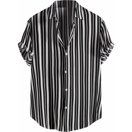 2021 Summer Men Striped Shirt Streetwear Turn Down Collar Short Sleeve Button Thin Blouse Breathable Chic Camisas Hombre
