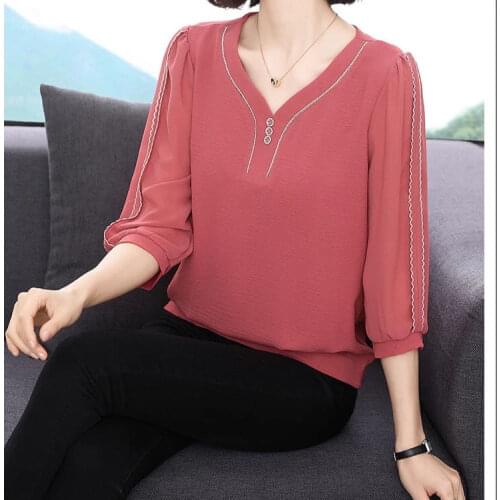 Women Blouses Office Lady Cotton Oversize Plus Size V-neck Tops Pink White Blue Long Sleeve 2021 Spring Korean Fashion Shirts