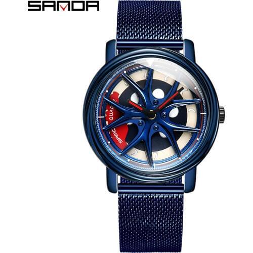 SANDA Special Wheel Shape Rotating Dial Quartz Watches Quality Steel Mesh Belt Life Waterproof Men Watch Relogio Masculino 1025