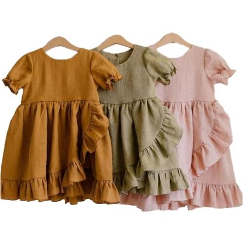 Linen Cotton Kids Dresses for Girls Clothes Short Puff Sleeve Toddler Beach Dress Ruffles Lace Design Princess Girls Costumes