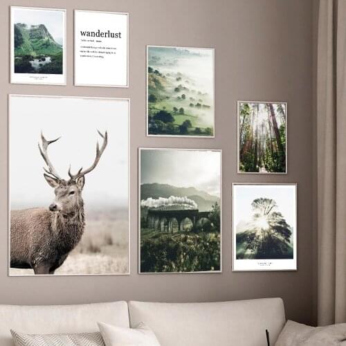 Fall Forest Red Deer Scandinavian Landscape Painting Nordic Morning Scenery Canvas Poster Art Print Wall Pictures Home Decor