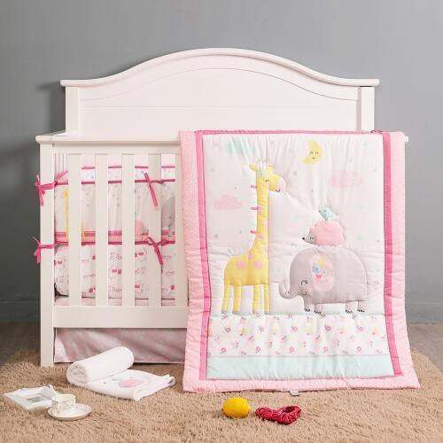 7PCS Pink Elephant giraffe Baby Bedding Sets Crib Nursery Bumper Decor Girl Gift (4bumper+duvet+bed cover+bed skirt)