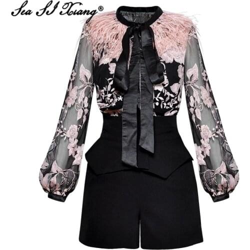 Seasixiang Fashion Designer Early Autumn Suit Women Lantern Sleeve Feather Mesh Embroidery Tops + Black Shorts Two-Piece Set