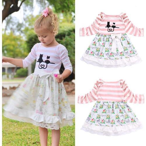 OKLADY Kid Girl Dress Patchwork Cartoon Stripe Tops and Floral Lace Draped Ruffle Dress Bow Girls Clothes Casual Dress 2T-7T